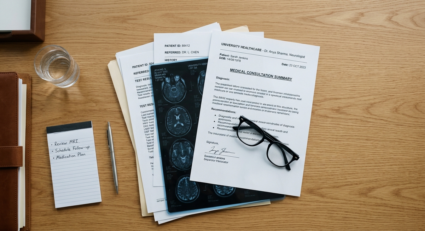 צילומי הדמיית MRI של המוח, מסמכי סיכום ייעוץ רפואי, פנקס רשימות ומשקפיים על שולחן עץ במרפאה