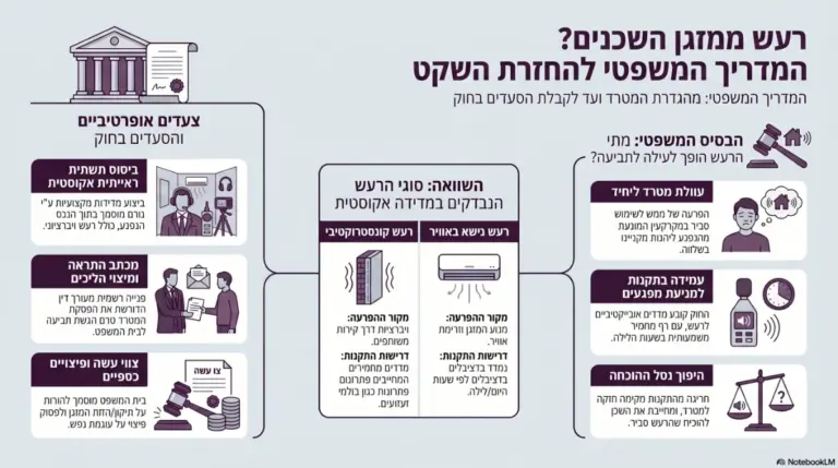 איור אינפוגרפיקה הסברתית משפטית, עם כותרת גדולה בכחול, ושלשה טורים עם איורים וטקסט.
