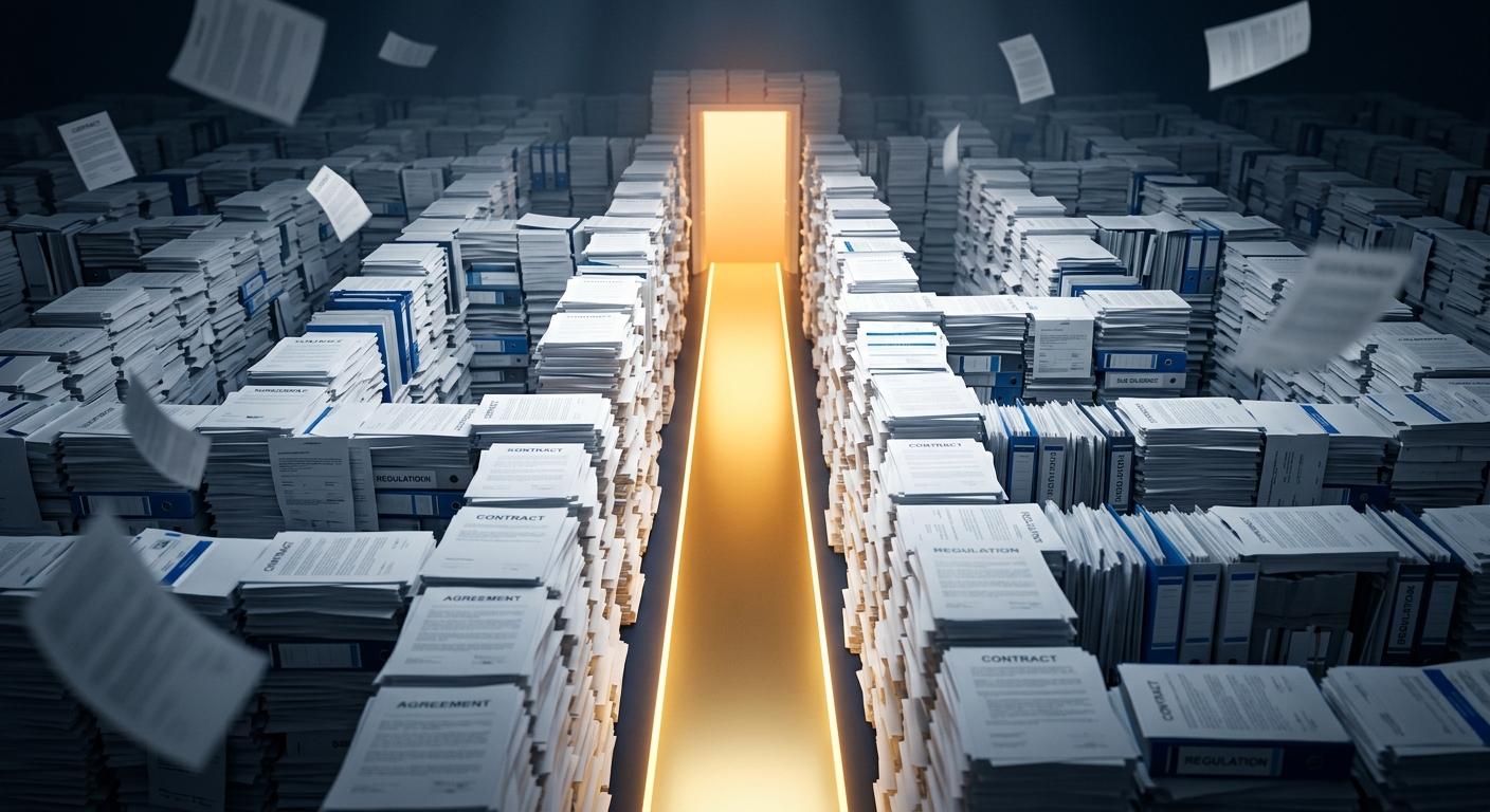 שביל זהב מואר המוביל לדלת פתוחה מבעד לערימות ענק של מסמכים, קלסרים וניירת מתעופפת, המייצג יציאה מעומס בירוקרטי.