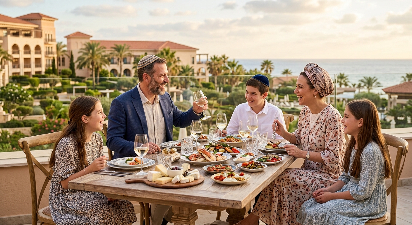 משפחה דתית נהנית מארוחת גורמה במרפסת של מלון יוקרה מול הים במהלך חופשה משפחתית